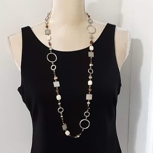 Multicolor beads gold tone hoops natural tones necklace 36'